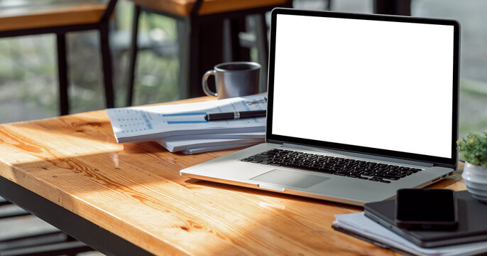 Mockup blank screen laptop computer on wooden table, creative workspace.