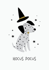 Halloween vector cute cartoon dogs illustrations. Dogs in Halloween costumes, stars, hats, sweets, ghost, pumpkin. Pet Pup Dog Costume