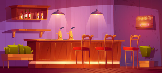 Bar with wooden counter, beer pumps and bottles in cafe or restaurant. Pub interior with desk, stools and alcohol drinks on shelf, vector cartoon illustration