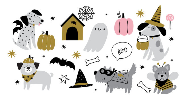 Halloween vector cute cartoon dogs illustrations. Dogs in Halloween costumes, stars, hats, sweets, ghost, pumpkin. Pet Pup Dog Costume
