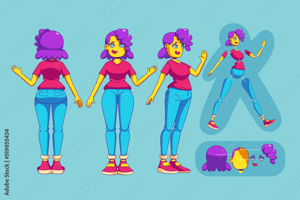 Poster girl character animation set with parts of body and head isolated on background. vector creation mod