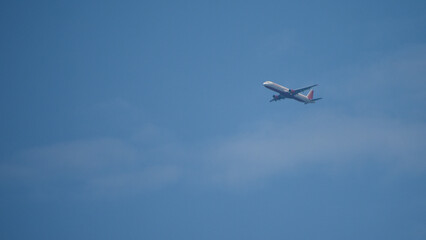 Air India flight flying in the blue sky.