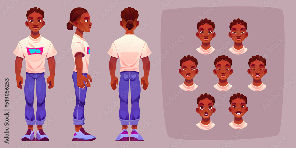 Poster man face with different emotions and standing person in front, side and back view. vector cartoon se