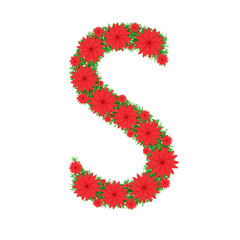 Capital letter S made from red flowers and green leaves isolated on white background. Design element. Floral font. Flowers letters. Summer font. 3d illustration