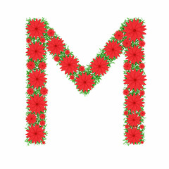Capital letter M made from red flowers and green leaves isolated on white background. Design element. Floral font. Flowers letters. Summer font. 3d illustration