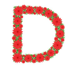 Capital letter D made from red flowers and green leaves isolated on white background. Design element. Floral font. Flowers letters. Summer font. 3d illustration