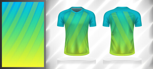 Vector sport pattern design template for V-neck T-shirt front and back with short sleeve view mockup. Sky blue-green-yellow color gradient oblique line texture background illustration. © WK Dannait B