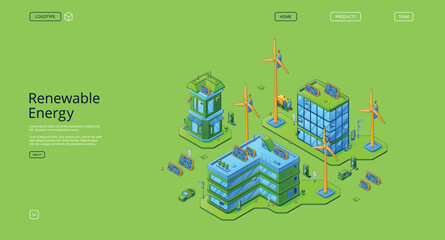 Renewable energy isometric landing page. Clean power, sources of green ecologically alternative energetics, weather station with windmills and solar panels, eco city 3d vector line art web banner