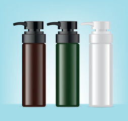 Blank templates of realistic plastic bottles for hair shampoo, milk, gel or body lotion. Container for liquid cosmetic product. White, black, brown and green package. Illustration isolated on blue.