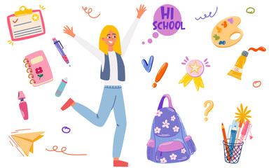 Fototapeta na wymiar School supplies set. Hello school lettering. Little cute girl is going to study. Children's subjects. Vector illustration in a flat style on a white background. All objects are isolated