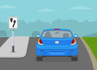 Safe driving tips and traffic regulation rules. Keep to the right of traffic islands or obstruction. Back view of a blue car on divided road. Flat vector illustration template.