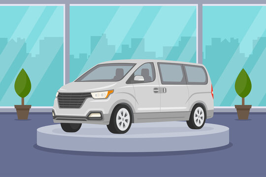 New Modern Van Car On Platform. Interior View Of Car Showroom. Flat Vector Illustration Template.