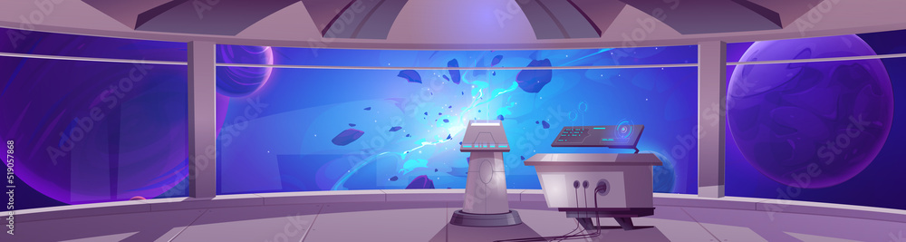 Poster spaceship cockpit interior with control panels and windows with view of planets, stars and explosion
