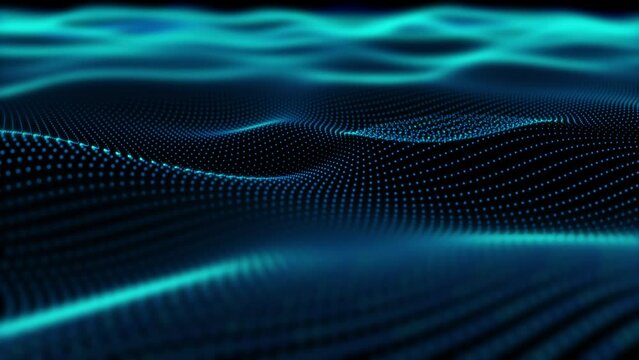 Abstract Digital Technology network data background. Blue mesh grid Network connection dots and lines forming a structure blurred. Wavy motion.  Big data rendering, Seamless loop