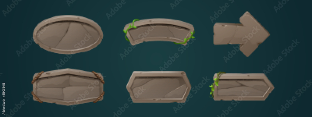 Poster ancient stone signboards, rock tablets different shapes for game ui design. vector cartoon set of em
