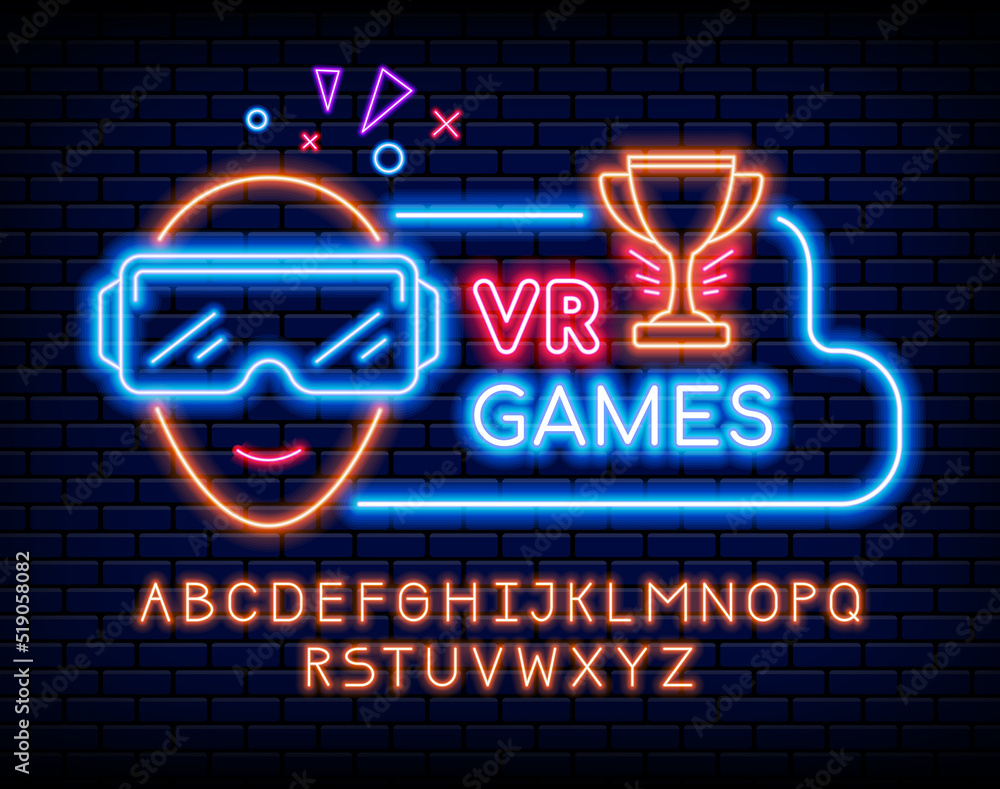Poster neon video game text. vr computer gaming. glowing signboard. alphabet uppercase letters. gamer with 