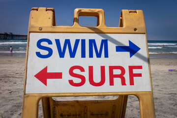 A Sign at a beach directing where people can surf and swim