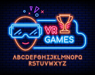 Neon video game text. VR computer gaming. Glowing signboard. Alphabet uppercase letters. Gamer with virtual reality glasses. Winner award. Vector typeface set for lighting billboard