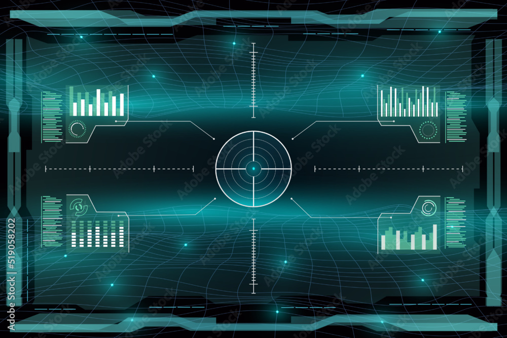Leinwandbilder Military HUD frame. UI radar technology of future digital war. Game target focus. Counter data interface. GUI display. Virtual grid surface. Gun aim. Vector illustration background