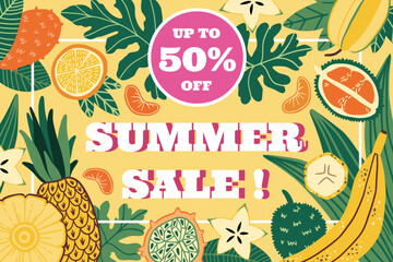 Summer sale banner. Fresh tropical discount horizontal poster, shop background, fashion and bright season offer with fruits. Pineapple and papaya with palm leaves flyer. Vector design template