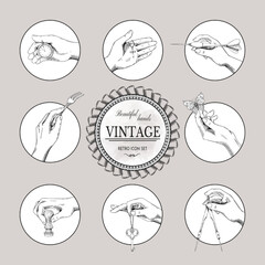 Vintage Victorian hands. Arms holding objects. Round sketch logo set. Stopwatch and compass in fingers. Stamp or old key in human palms. Butterfly on forefinger. Vector retro illustration