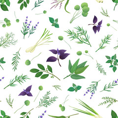 Fototapeta na wymiar Floral herb pattern. Delicate botanical herbals, elegant blossom decoration and gentle nature plants. Decor kitchen textile, wrapping paper, wallpaper. Vector seamless background