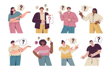 Fototapeta premium People questions. Man and woman ask about problem. Confused character portraits. Speech bubble with interrogation marks. Surprised persons pointing fingers. Vector cartoon collection