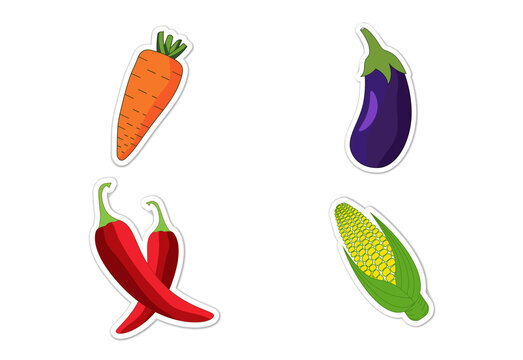 Sticker set of different vegetables, Flat vector illustration