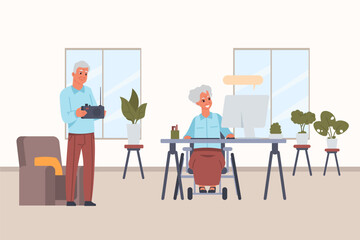 Senior people. Elderly cartoon characters leisure. Grandma sitting at computer and chatting. Grandfather listening radio. Retired couple recreation. Vector grandparents home activities