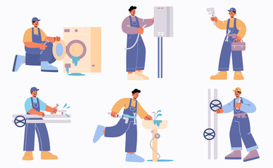 Plumber repairs water pipes, boiler, sink and broken washing machine. Vector flat illustration of plumbing service worker with wrench fix leakage, installing home heater