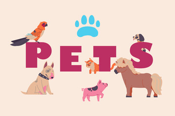 Adopted pets. Cartoon banner with lettering. People taking animals from vet clinics and dog shelter. Pig or horse. Domestic mammal characters set. Cat and bird. Vector veterinary flyer