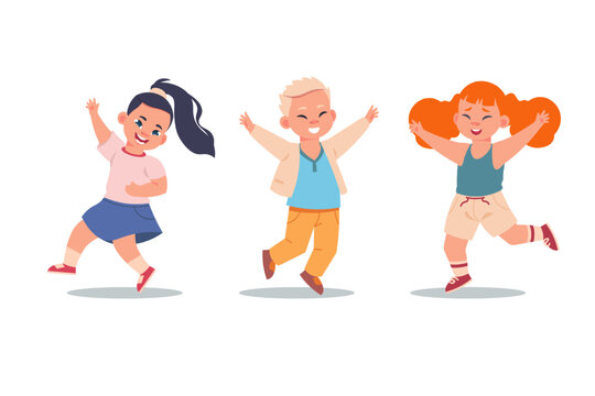 Cartoon happy children. Jumping characters smiling and laughing, school kids friendship set, cute girls and boy waving gesture, flat style elements, child in active poses, vector concept