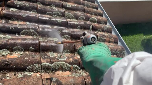 Applying anti moss treatment on Roof Tiles With High Pressure Equipment - POV