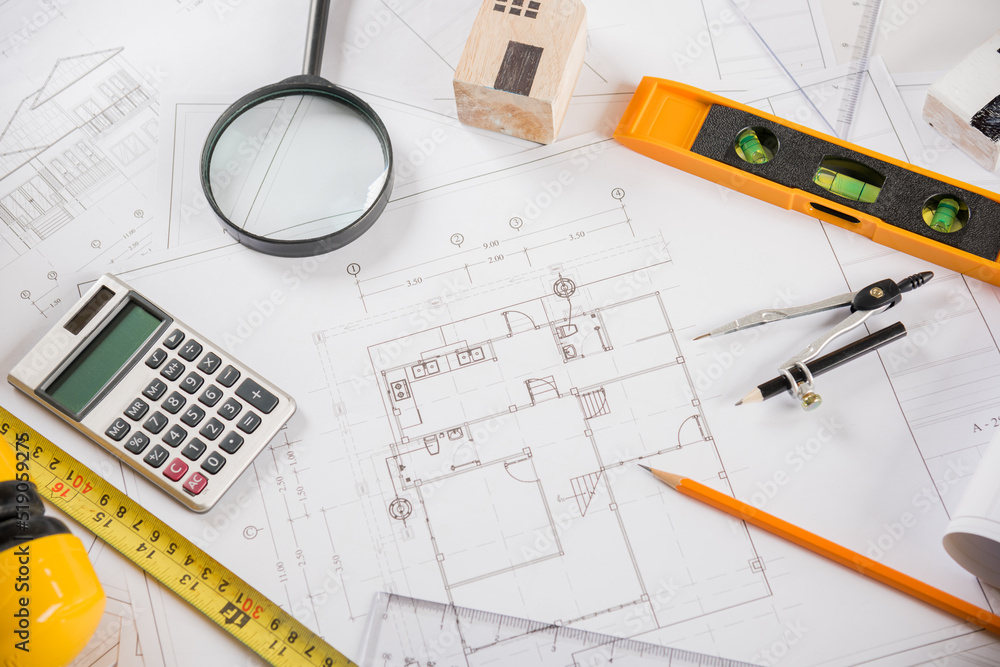 Poster architectural project workplace. top view of house plan blueprint paper with repair tools on table d