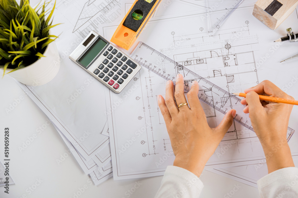 Poster architectural project workspace. top view of architect drawing with ruler on house plan blueprint pa