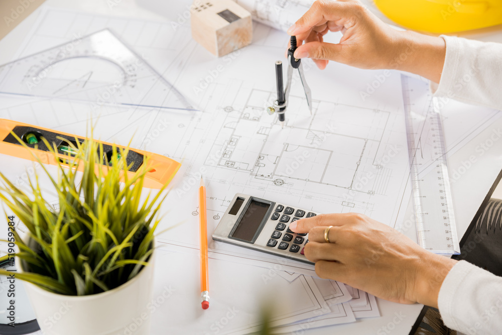 Poster architectural project workplace. engineer sketching construction project, architect drawing with div