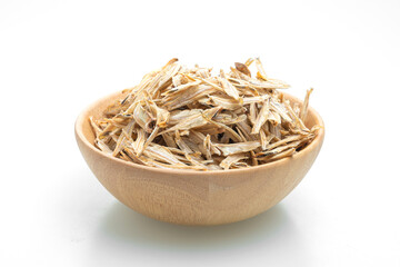 dried small crispy fish on white background