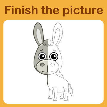 Connect the dot and complete the picture. Simple coloring book of donkey. Drawing game for children