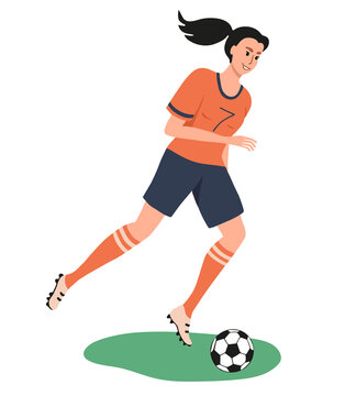 Smiling girl soccer player running kicking a ball with the number 7 on a t-shirt. Woman playing football. Bright colorful female character isolated on white background. Vector illustration.