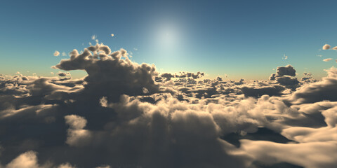 fly above clouds sunset landscape - obrazy, fototapety, plakaty