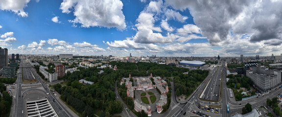 panoramic view of the ancient palace of figured red and white bricks in the center of Moscow on a sunny day taken from a drone