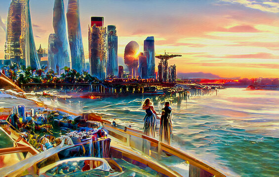 A man and a woman are walking along the embankment, in the distance one can see the tall buildings of a big city illuminated by the setting sun
