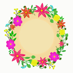 Multicolored circular flower frame. A frame of bright abstract flowers made in a circle. Space for inscriptions. Vector illustration of a circular frame.