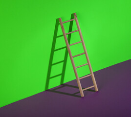 Wooden ladder on a green-purple background. Minimum layout. Business, leadership concept, career growth