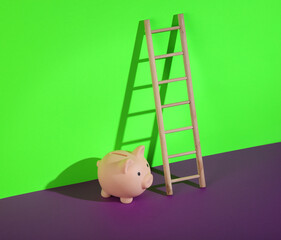 Wooden ladder and piggy bank on a green-purple background. Minimum layout. Business, leadership...