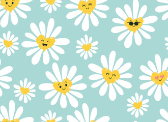 Fototapeta na wymiar Cute smiling daisy flower seamless pattern. Chamomile with happy emotion.illustration for nature design. Vector cartoon background. 