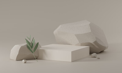 Abstract white square pedestal podium with stone and leaf, Product display podium in room, 3d rendering studio with geometric shapes, Cosmetic product minimal scene with platform