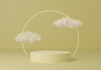 Abstract yellow round corner pedestal podium with cloud, Product display podium in sky, 3d rendering studio with geometric shapes, Cosmetic product minimal scene with platform, Stand to show products 