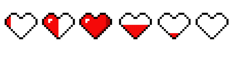 Obraz premium Set of 8 bit hearts bar game controller symbols. Pixel heart video game set isolated on white background. Style. Vector illustration.