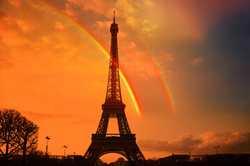 Heat wave in France. Eiffel tower in orange.